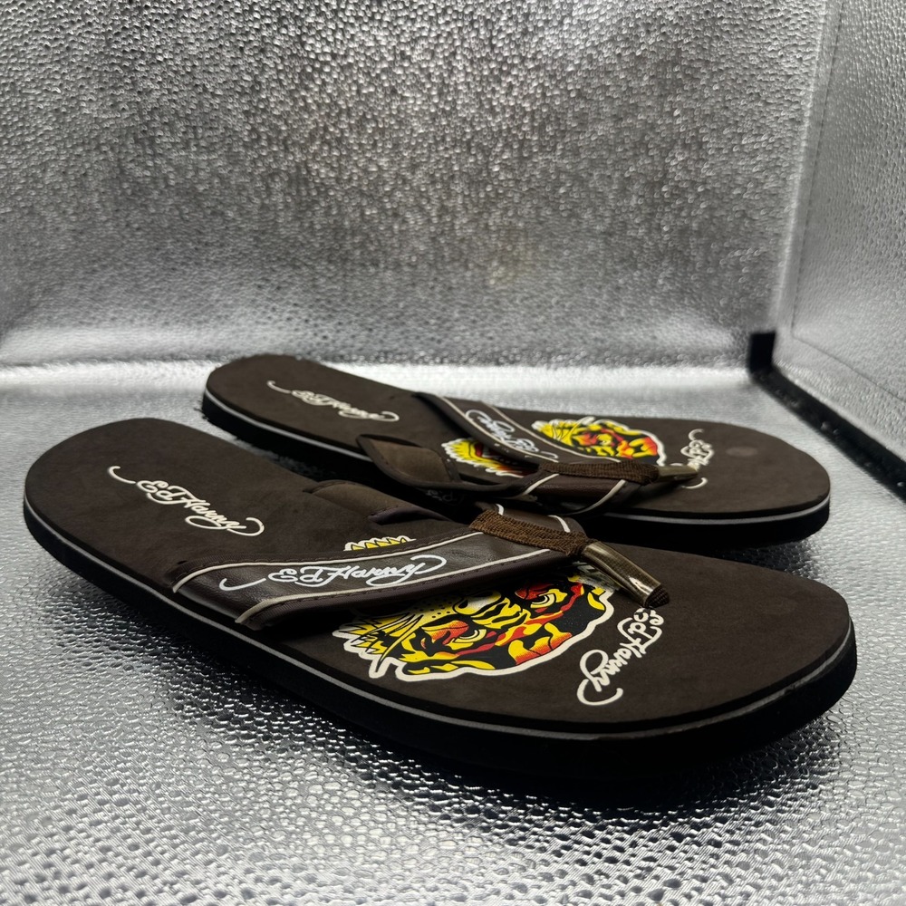 Vintage Ed Hardy Brown Mens Tiger Graphic Outdoor Flip Flops Thong Sandals Sz 10